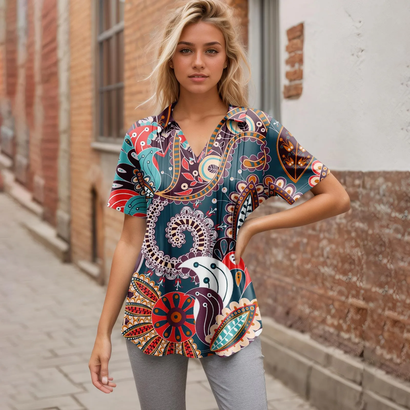 2025 Polo Shirts Woman New Short Sleeve T Shirts Pleated V Neck Printing Tee Collared Summer Tops Business Casual Work Clothing
2025 Polo Shirts Woman New Short Sleeve T Shirts Pleated V Neck Printing Tee Collared Summer Tops Business Casual Work Clothing