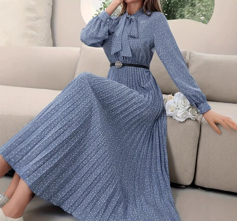 Women's Long Sleeved Pleated Jumpsuit with Full Wave Dot Print New Style
Women's Long Sleeved Pleated Jumpsuit with Full Wave Dot Print New Style