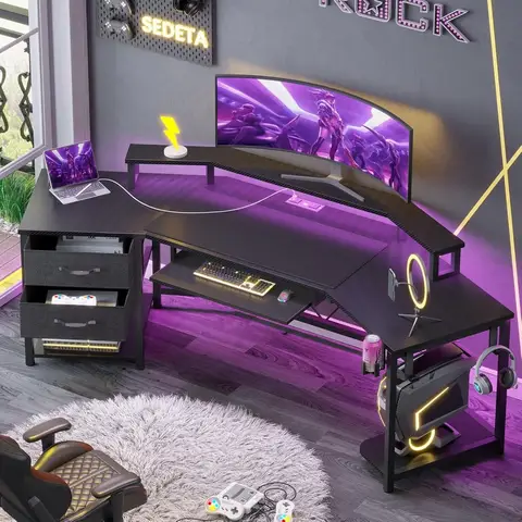 79" Gaming Desk, Computer Desk with 2 Fabric Drawers & LED Light, L Shaped Gaming Desk with Storage Shelf for Home, Customized