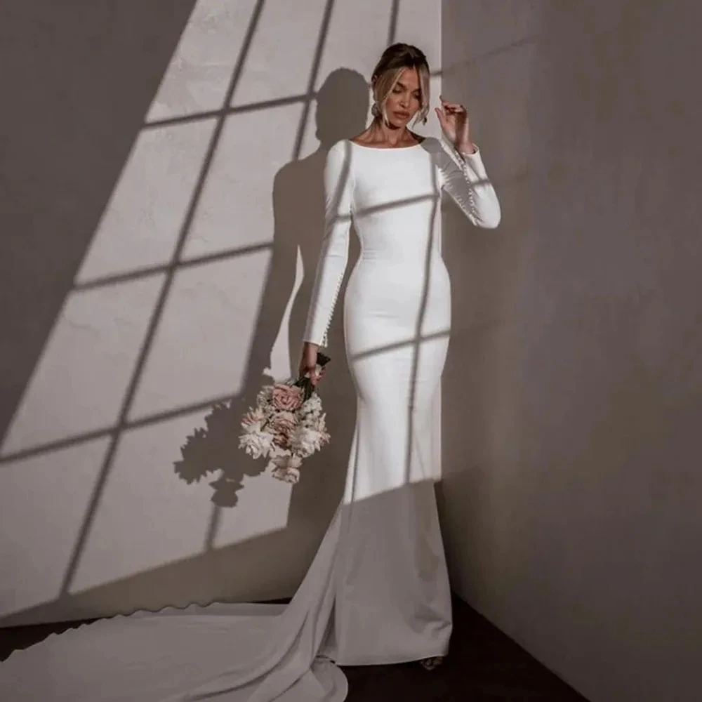 2025 Elegant Civil Wedding Dress Scoop Long Sleeves Backless Pearls Mermaid Satin Bride Bridal Gown Vestidos De Noivas
2025 Elegant Civil Wedding Dress Scoop Long Sleeves Backless Pearls Mermaid Satin Bride Bridal Gown Vestidos De Noivas