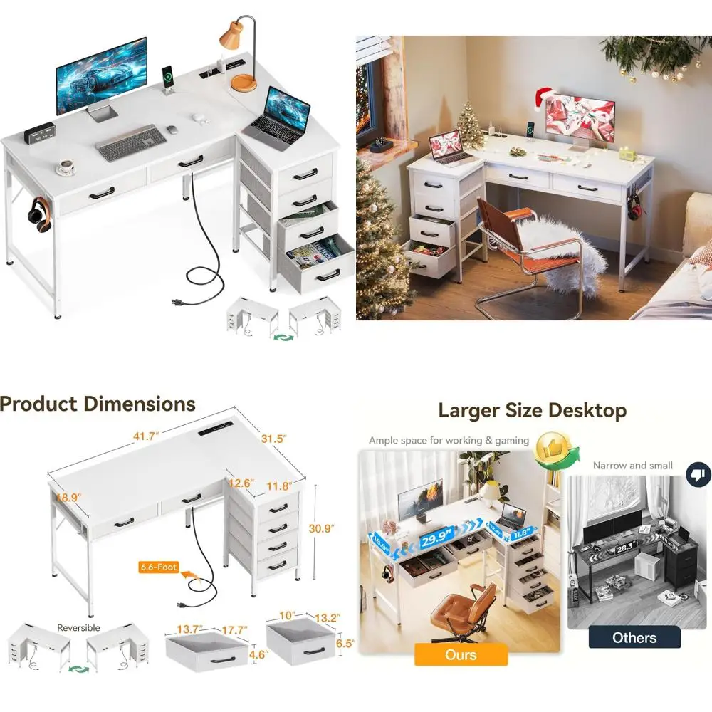 42 L-Shaped Desk with 6 Drawers, Power Outlets, Reversible Corner for Home Office
42 L-Shaped Desk with 6 Drawers, Power Outlets, Reversible Corner for Home Office
