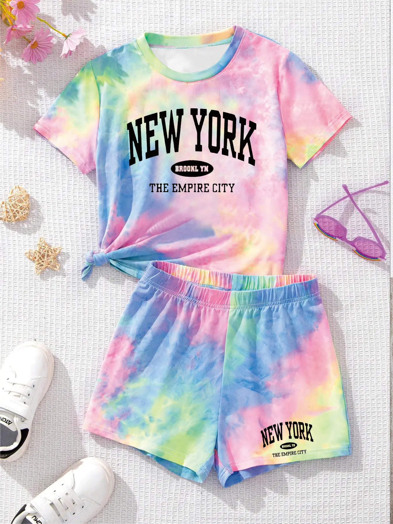 Comfy Kids Girls 2-Piece Tie Dye Outfit, Soft Fabric "NEW YORK" Print T-Shirt & Shorts for Daily & Play
Comfy Kids Girls 2-Piece Tie Dye Outfit, Soft Fabric "NEW YORK" Print T-Shirt & Shorts for Daily & Play
