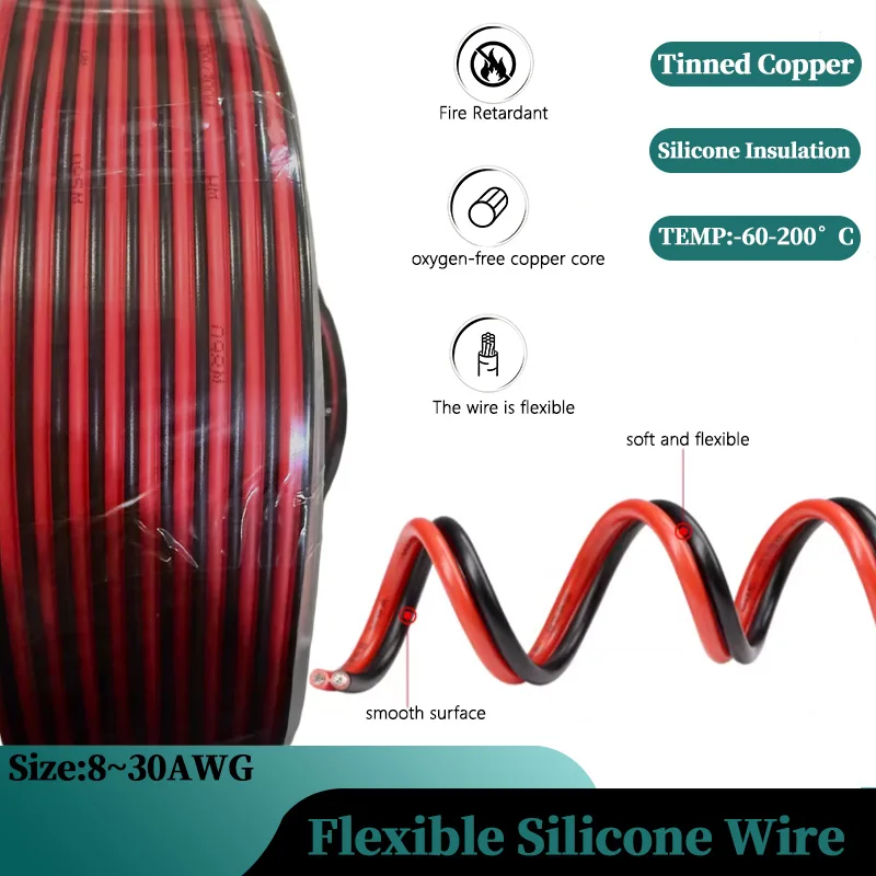 1/5/10mFlexible Silicone Cable Red Black Car Battery Wiring 30 28 26 24 22 20 18 16 14 12 10 8AWG Heat-resistant Electrical Wire
1/5/10mFlexible Silicone Cable Red Black Car Battery Wiring 30 28 26 24 22 20 18 16 14 12 10 8AWG Heat-resistant Electrical Wire