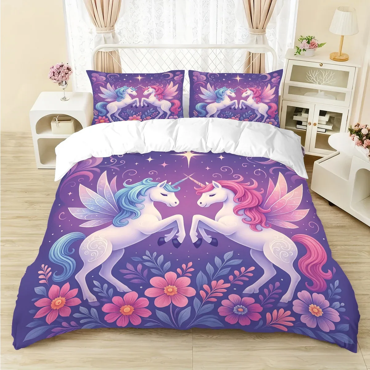 3-piece set of dreamy unicorn print, 1 down duvet cover+2 pillowcases, no core. Soft and comfortable, machine washable
3-piece set of dreamy unicorn print, 1 down duvet cover+2 pillowcases, no core. Soft and comfortable, machine washable