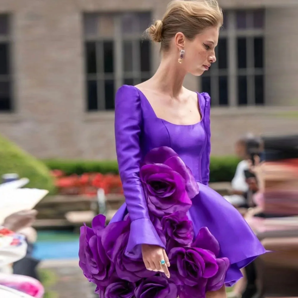 Beautiful Violet Full Sleeves A-line Short Formal Dresses With 3D Flower Decoration Modest Square Neckline Mini Party Dress
Beautiful Violet Full Sleeves A-line Short Formal Dresses With 3D Flower Decoration Modest Square Neckline Mini Party Dress