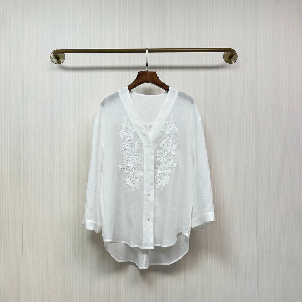 Summer White Lace Embroidered Women's Shirt V Neck Button Down Blouse Loose 3/4 Sleeve Casual Tops for Ladies 2026 New
Summer White Lace Embroidered Women's Shirt V Neck Button Down Blouse Loose 3/4 Sleeve Casual Tops for Ladies 2026 New