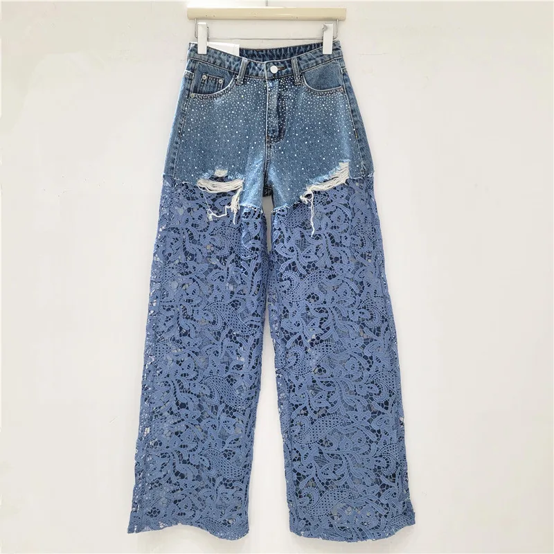 Lace Splicing High Waist Straight Jeans, Women's 2025 New Spice Girl Heavy Industry Hot Diamond Loose Wide Leg Long Pants
Lace Splicing High Waist Straight Jeans, Women's 2025 New Spice Girl Heavy Industry Hot Diamond Loose Wide Leg Long Pants