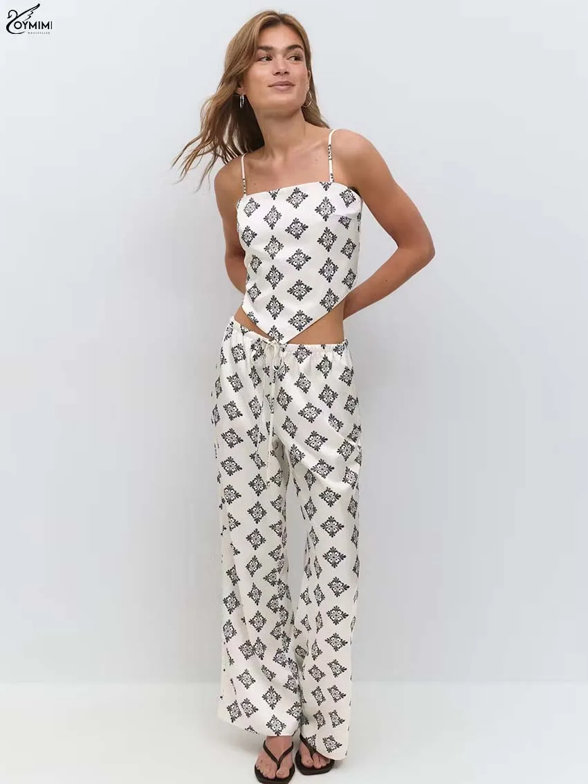 Oymimi Elegant White Print 2 Pieces Set For Woman Fashion Spaghetti Strap Lace-Up Crop Tops And Drawstring Straight Trousers Set
Oymimi Elegant White Print 2 Pieces Set For Woman Fashion Spaghetti Strap Lace-Up Crop Tops And Drawstring Straight Trousers Set