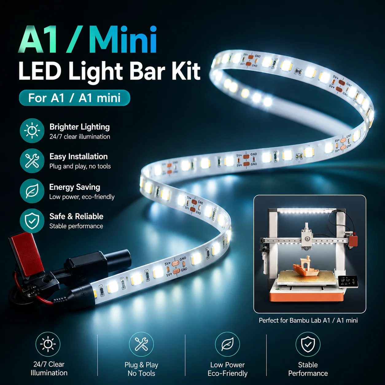 Led Light Strip For A1/A1mini LED Strip Light Bar Kit 24V Super Bright White Lighting Magnetic Install for 3D Printer Accessory
Led Light Strip For A1/A1mini LED Strip Light Bar Kit 24V Super Bright White Lighting Magnetic Install for 3D Printer Accessory