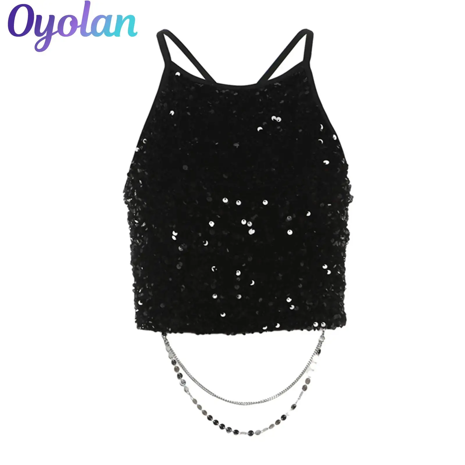 Womens Glittery Sequin Cropped Camisole Detachable Chain Decoration Open Back Slim Sling Top Crop Tank Top Party Club Costume
Womens Glittery Sequin Cropped Camisole Detachable Chain Decoration Open Back Slim Sling Top Crop Tank Top Party Club Costume