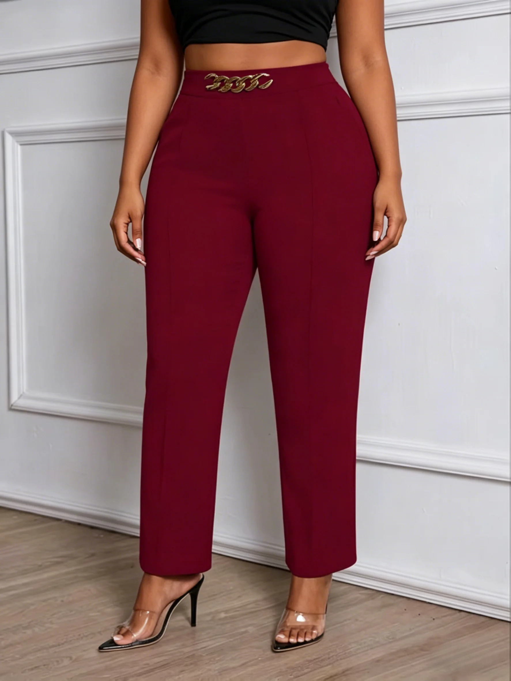 Plus Size Pants Womens High Waist Straight Pants Chain Decor Trousers Elegant Chic Apparel Bottoms Spring Summer Office Pants
Plus Size Pants Womens High Waist Straight Pants Chain Decor Trousers Elegant Chic Apparel Bottoms Spring Summer Office Pants