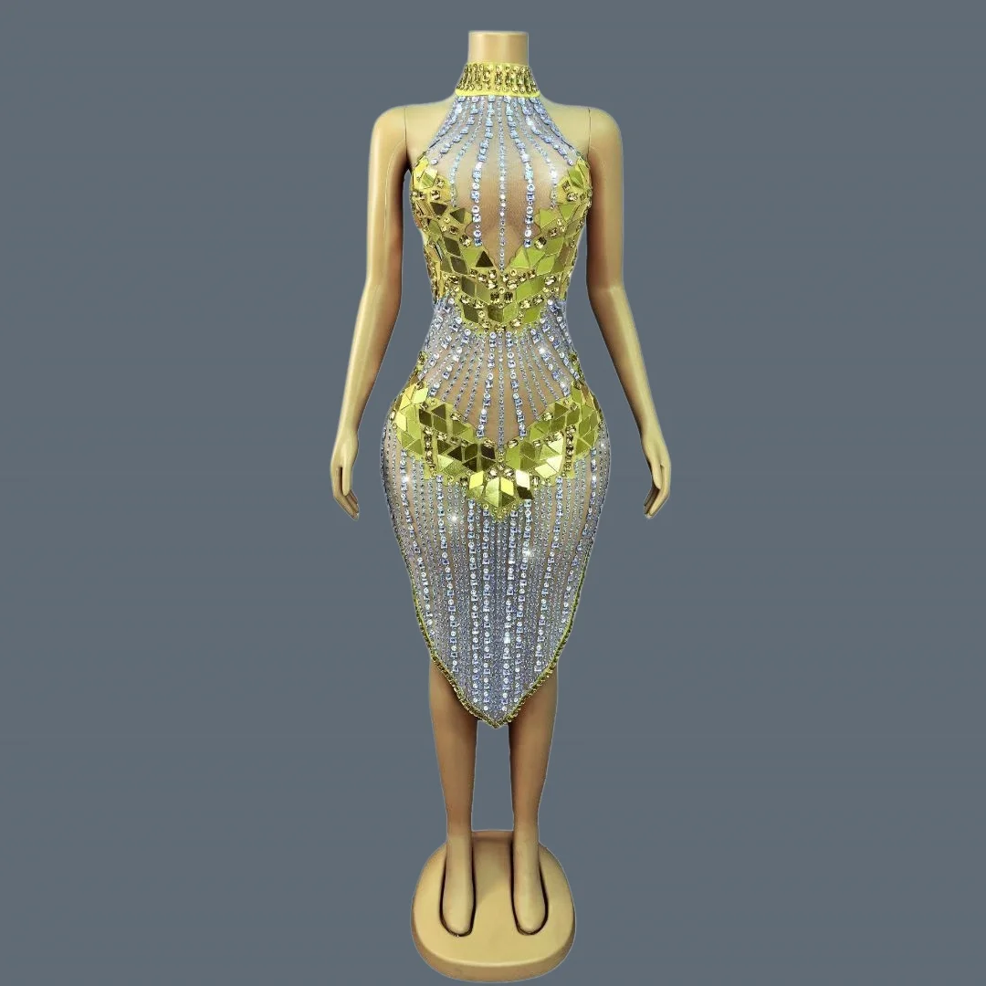 Sparkly Rhinestone Gold Silver Mirror Halter Mini Dress Luxury Women Sheer Mesh Stage Show Wear Party Sexy Outfit Qianhuangpian
Sparkly Rhinestone Gold Silver Mirror Halter Mini Dress Luxury Women Sheer Mesh Stage Show Wear Party Sexy Outfit Qianhuangpian