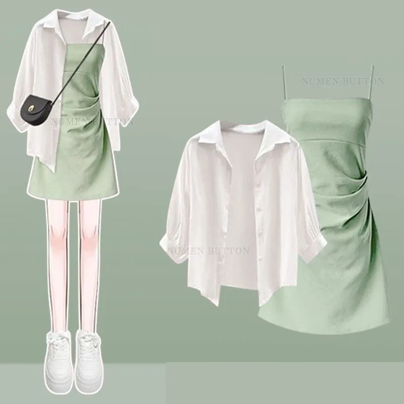 Women's 2025 Summer New Fashion White Sunscreen Shirt+Sexy Strap Skirt Two Piece Suit Korean Elegant Cardigan Dress Matching Set
Women's 2025 Summer New Fashion White Sunscreen Shirt+Sexy Strap Skirt Two Piece Suit Korean Elegant Cardigan Dress Matching Set