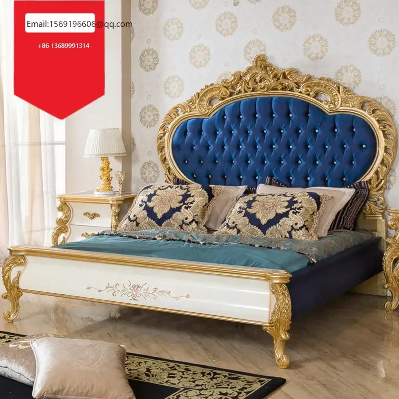 Custom European solid wood carved double French luxury cloth villa master bedroom gold foil big bed
Custom European solid wood carved double French luxury cloth villa master bedroom gold foil big bed