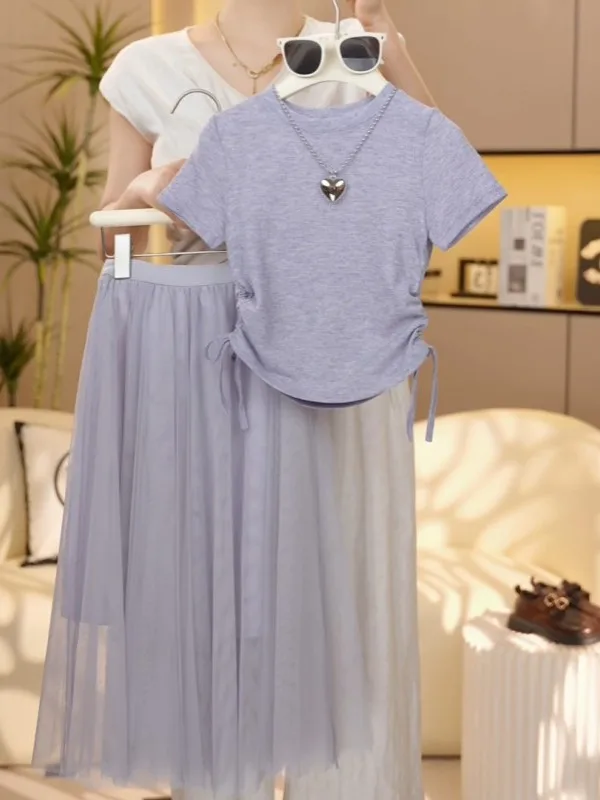 Girls Summer Thin Short Sleeve Waist-Cinched Half-Body Tulle Skirt Set Fashionable Pure Color High Waist Midi Skirt Set
Girls Summer Thin Short Sleeve Waist-Cinched Half-Body Tulle Skirt Set Fashionable Pure Color High Waist Midi Skirt Set