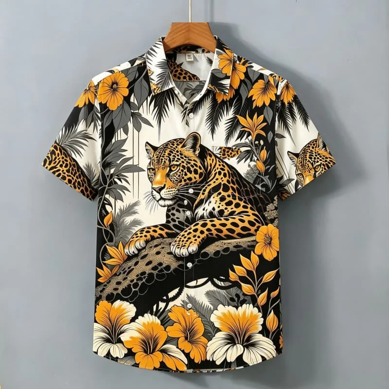 Men's tropical wildlife printed short sleeved shirt with pockets, for outdoor adventures, beach vacations, and daily wear
Men's tropical wildlife printed short sleeved shirt with pockets, for outdoor adventures, beach vacations, and daily wear