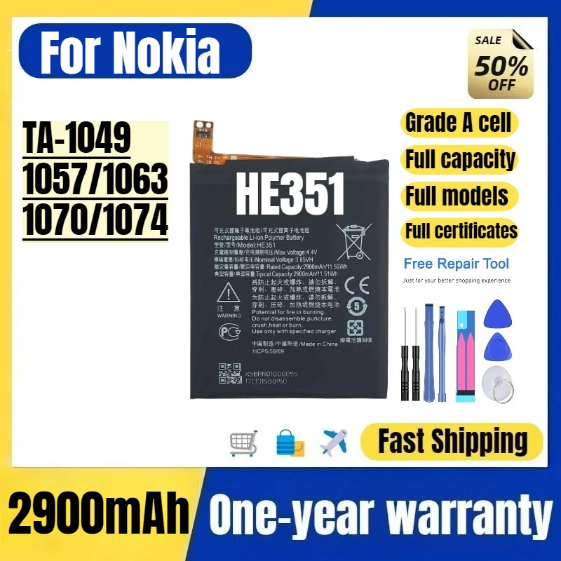 HE351 for Nokia TA-1049/1057/1063/1070/1074 Phone Battery High Quality High Capacity Replacement Bateria Grade A Cell with Tools
HE351 for Nokia TA-1049/1057/1063/1070/1074 Phone Battery High Quality High Capacity Replacement Bateria Grade A Cell with Tools