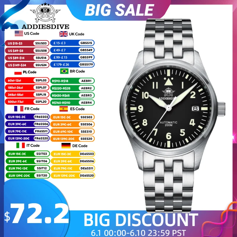 ADDIESDIVE 39mm Mechanical Watch Men New Sapphire AR Coated BGW9 Luminous Calendar Waterproof 200m Diving 8215 Automatic Watch
ADDIESDIVE 39mm Mechanical Watch Men New Sapphire AR Coated BGW9 Luminous Calendar Waterproof 200m Diving 8215 Automatic Watch