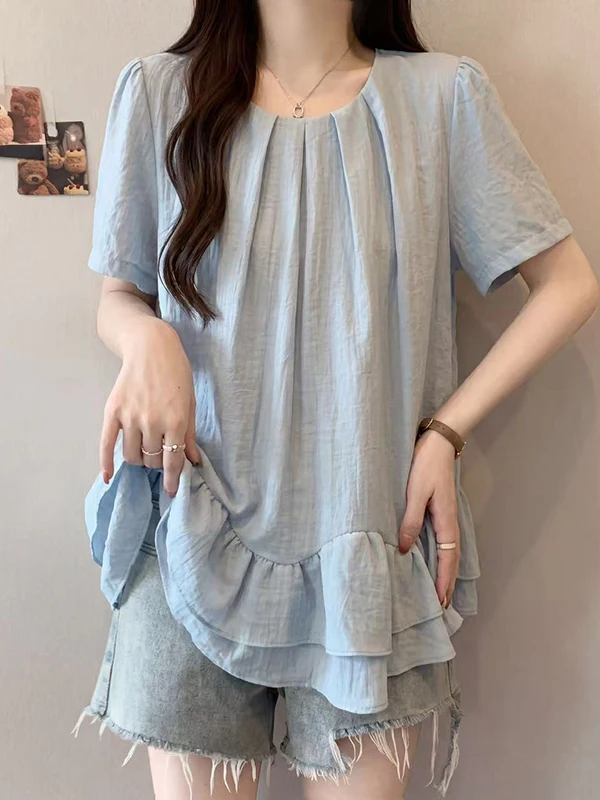Summer Fashion Loose Short Sleeve Women's Shirt Sweet Youthful Lace Trim plus Size Casual Style round Neck Top Meat Concealing
Summer Fashion Loose Short Sleeve Women's Shirt Sweet Youthful Lace Trim plus Size Casual Style round Neck Top Meat Concealing