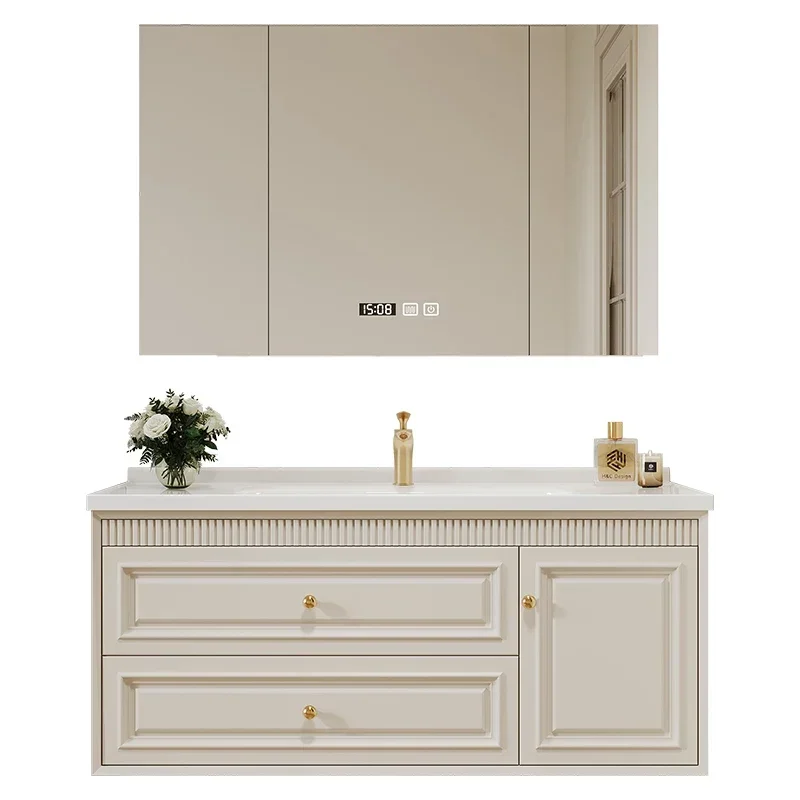 Кремовый ветер, французская высококачественная дверная панель с краской, интеллектуальная комбинация из цельного дерева, шкаф для ванной комнаты, керамическая встроенная раковина
Кремовый ветер, французская высококачественная дверная панель с краской, интеллектуальная комбинация из цельного дерева, шкаф для ванной комнаты, керамическая встроенная раковина