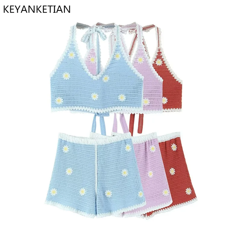 KEYANKETIAN Summer New Floral Embroidery Knitted Two-Piece Boho Style Hanging Nape Neck Short Vest Knitted Shorts Women's Suit
KEYANKETIAN Summer New Floral Embroidery Knitted Two-Piece Boho Style Hanging Nape Neck Short Vest Knitted Shorts Women's Suit