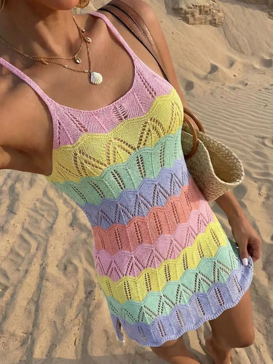 Womens Bohemian Colorblock Hollow Knit Camisole Beach Dress
Womens Bohemian Colorblock Hollow Knit Camisole Beach Dress