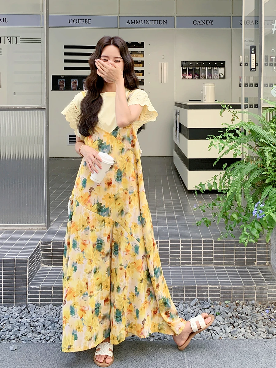 Retro Floral Print One-Piece Pants Women's Loose Wide Leg Pants Yellow Color Summer New Sle Faionable Slimming High Waist
Retro Floral Print One-Piece Pants Women's Loose Wide Leg Pants Yellow Color Summer New Sle Faionable Slimming High Waist