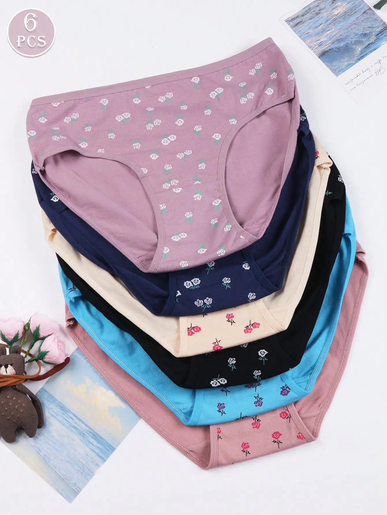 6 Pairs Of Women's Printed Mid-Rise Briefs - Soft, Comfortable And Elegant Daily Underwear, In Navy Blue/Black And White, Beige And Pink Green, Light Blue And Brown Purple, Dark Gray And Multicolor, And Lavender With Flowers | Casual Wear | Premium Fabric
6 Pairs Of Women's Printed Mid-Rise Briefs - Soft, Comfortable And Elegant Daily Underwear, In Navy Blue/Black And White, Beige And Pink Green, Light Blue And Brown Purple, Dark Gray And Multicolor, And Lavender With Flowers | Casual Wear | Premium Fabric