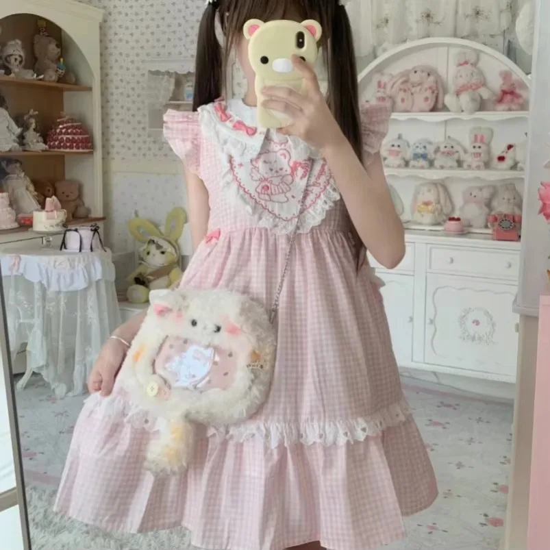 Kawaii Pink Sweet Plaid Lolita Dress Women Cute Bow Bear Embroidery Party Mini Dresses Female Summer Vintage Elegant Fairy Dress
Kawaii Pink Sweet Plaid Lolita Dress Women Cute Bow Bear Embroidery Party Mini Dresses Female Summer Vintage Elegant Fairy Dress