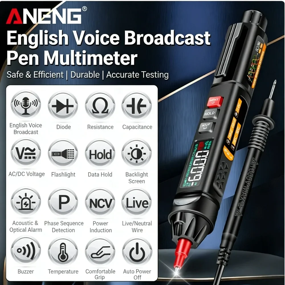 ANENG A3009 Pen Type Smart Digital Multimeter, Voice Broadcast DC/AC Voltage Diode Buzzer Hz Capacitance Ohm Test Meter Tools
ANENG A3009 Pen Type Smart Digital Multimeter, Voice Broadcast DC/AC Voltage Diode Buzzer Hz Capacitance Ohm Test Meter Tools