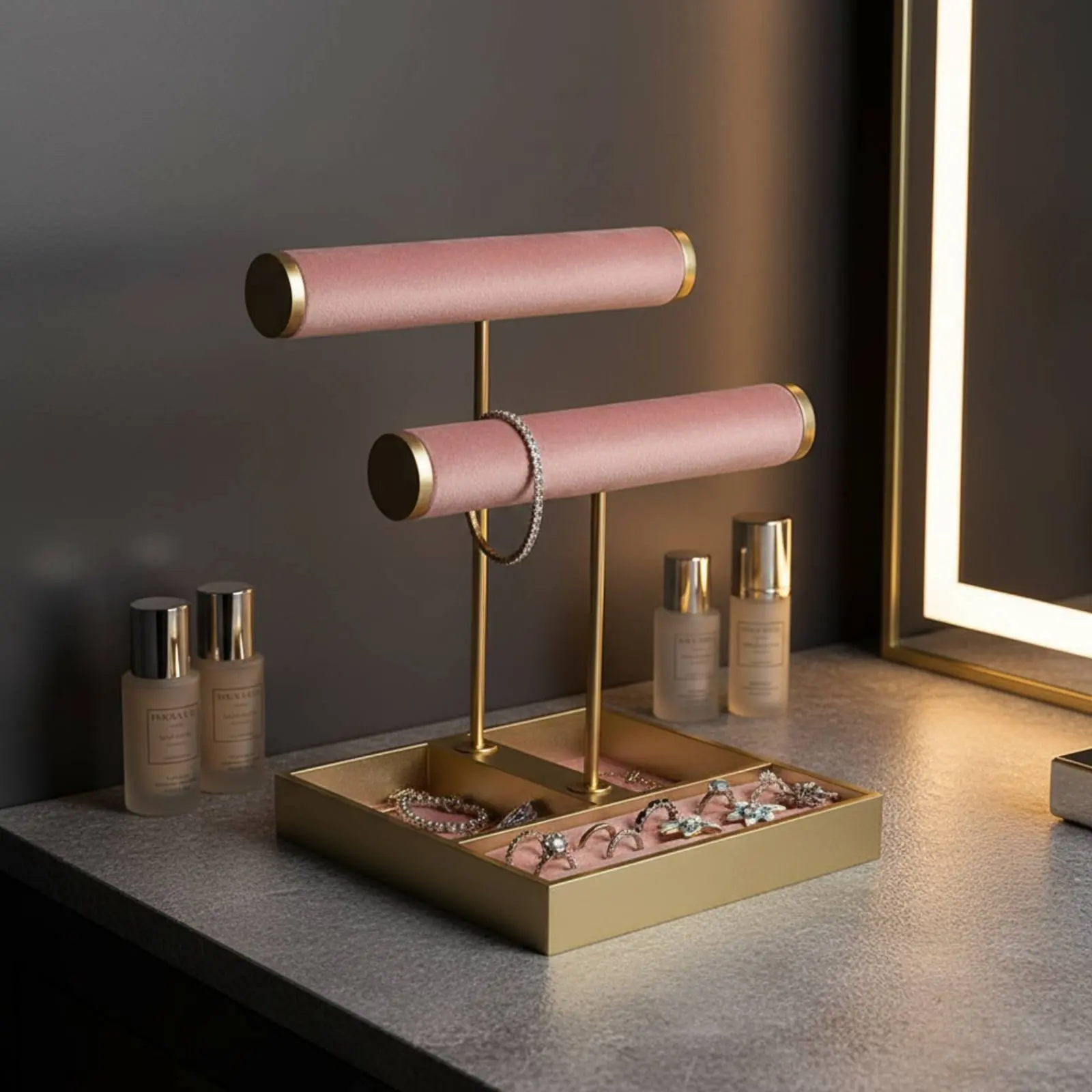Earring and Band Organizer Dual Layer Necklace Display Stand Velvet Jewelry Display Rack Gold Tone Accessory Storage Metal Base
Earring and Band Organizer Dual Layer Necklace Display Stand Velvet Jewelry Display Rack Gold Tone Accessory Storage Metal Base