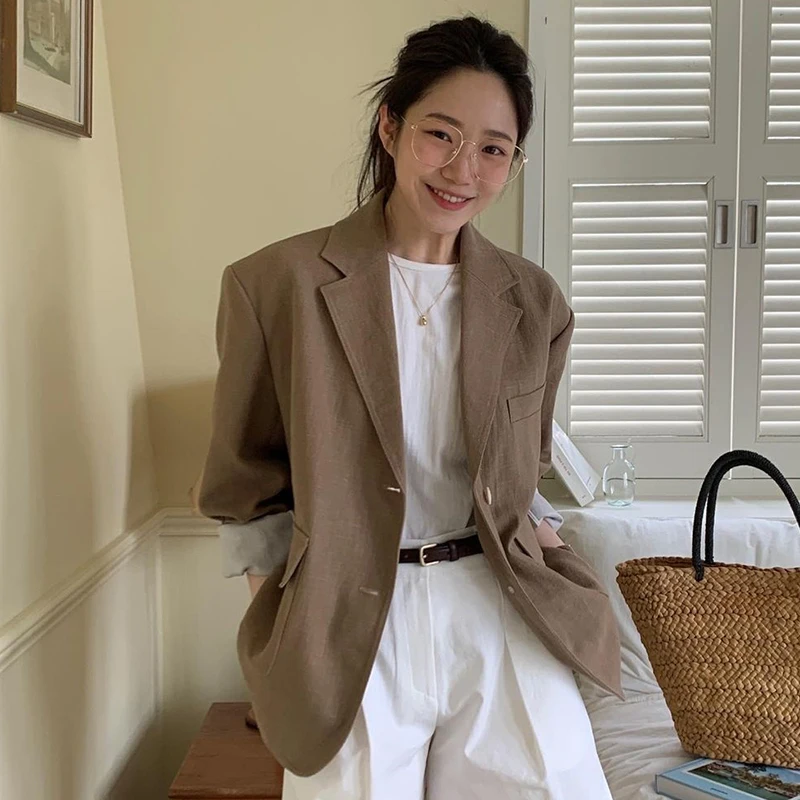 Retro Chic Summer Loose Fit Casual Long Sve Thin Cotton Linen Suit Jaet Women's Faionable Turn-down Collar Single Button
Retro Chic Summer Loose Fit Casual Long Sve Thin Cotton Linen Suit Jaet Women's Faionable Turn-down Collar Single Button