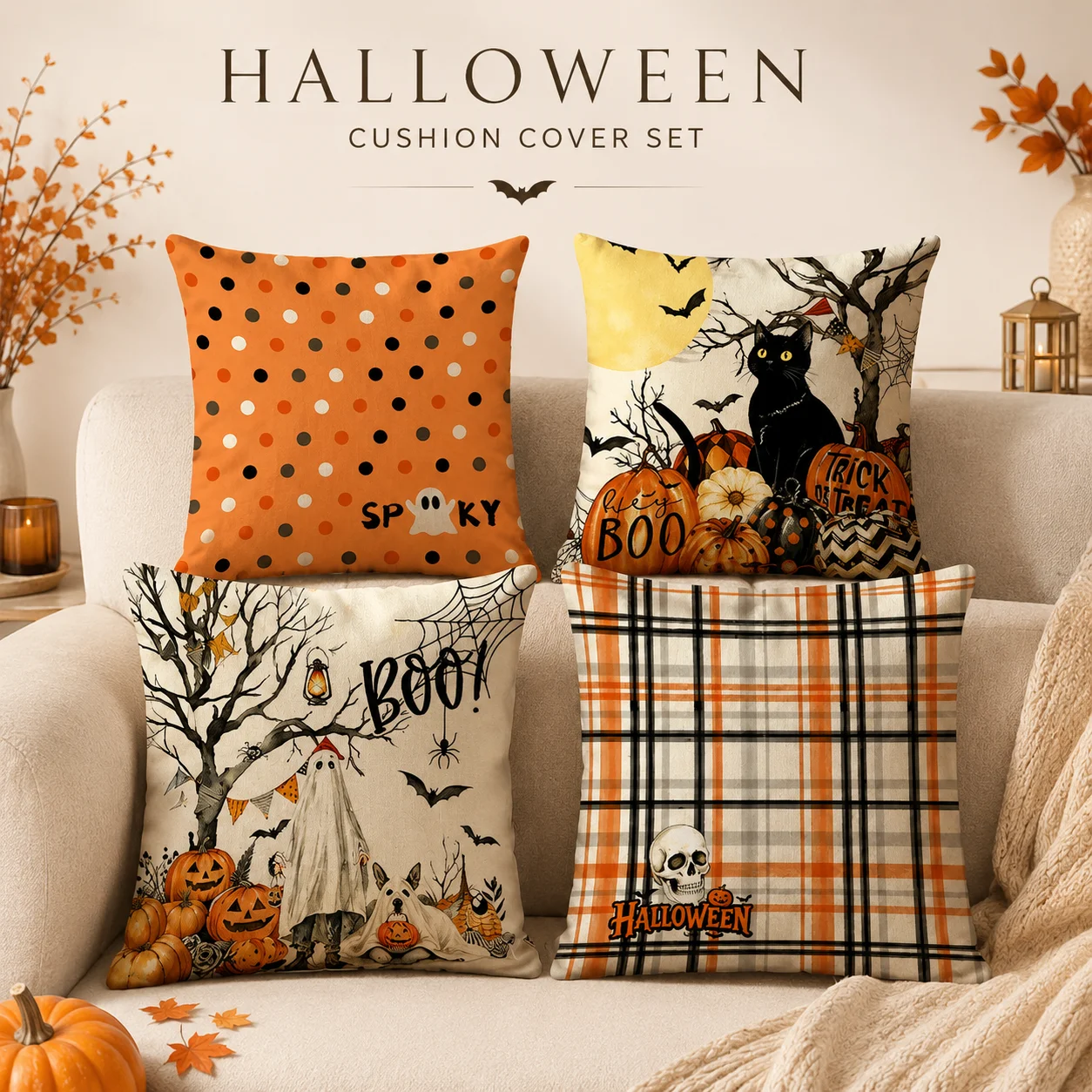 4Pcs Trick Or Treat Halloween Room Decor Coussin 2D Flat Printed Peach Skin Black Cat Skull Cushion Covers Sofa Pillowcases
4Pcs Trick Or Treat Halloween Room Decor Coussin 2D Flat Printed Peach Skin Black Cat Skull Cushion Covers Sofa Pillowcases