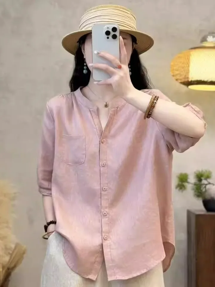 Slimming Cotton Linen Short Sleeve Shirt Women's Single Button Loose Fit Summer Versatile Open Cardigan Casual Style V-Neck
Slimming Cotton Linen Short Sleeve Shirt Women's Single Button Loose Fit Summer Versatile Open Cardigan Casual Style V-Neck