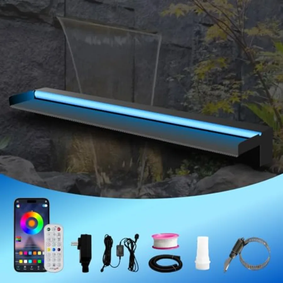 Outdoor pool waterfall spillway fountain with APP control, colorful LED lights, ABS plastic material, black color, adjustable w
Outdoor pool waterfall spillway fountain with APP control, colorful LED lights, ABS plastic material, black color, adjustable w