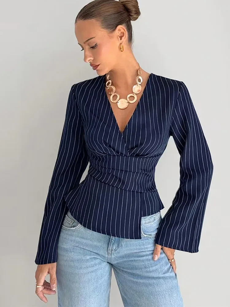 BKQU Classic Striped Women's Blouses Long Sleeved V-Neck Waist Cinched Ruched Shirt Tops Commuting Elegant Pullover Shirt 2026
BKQU Classic Striped Women's Blouses Long Sleeved V-Neck Waist Cinched Ruched Shirt Tops Commuting Elegant Pullover Shirt 2026