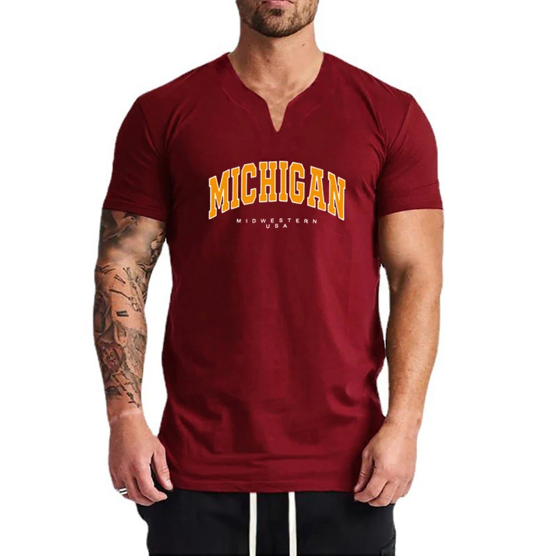 Mens Cotton Breathable V-neck Short Sleeve Shirt Gym Bodybuilding Fitness Tee Tops Michigan Midwestern USA Print Sport T-shirt
Mens Cotton Breathable V-neck Short Sleeve Shirt Gym Bodybuilding Fitness Tee Tops Michigan Midwestern USA Print Sport T-shirt