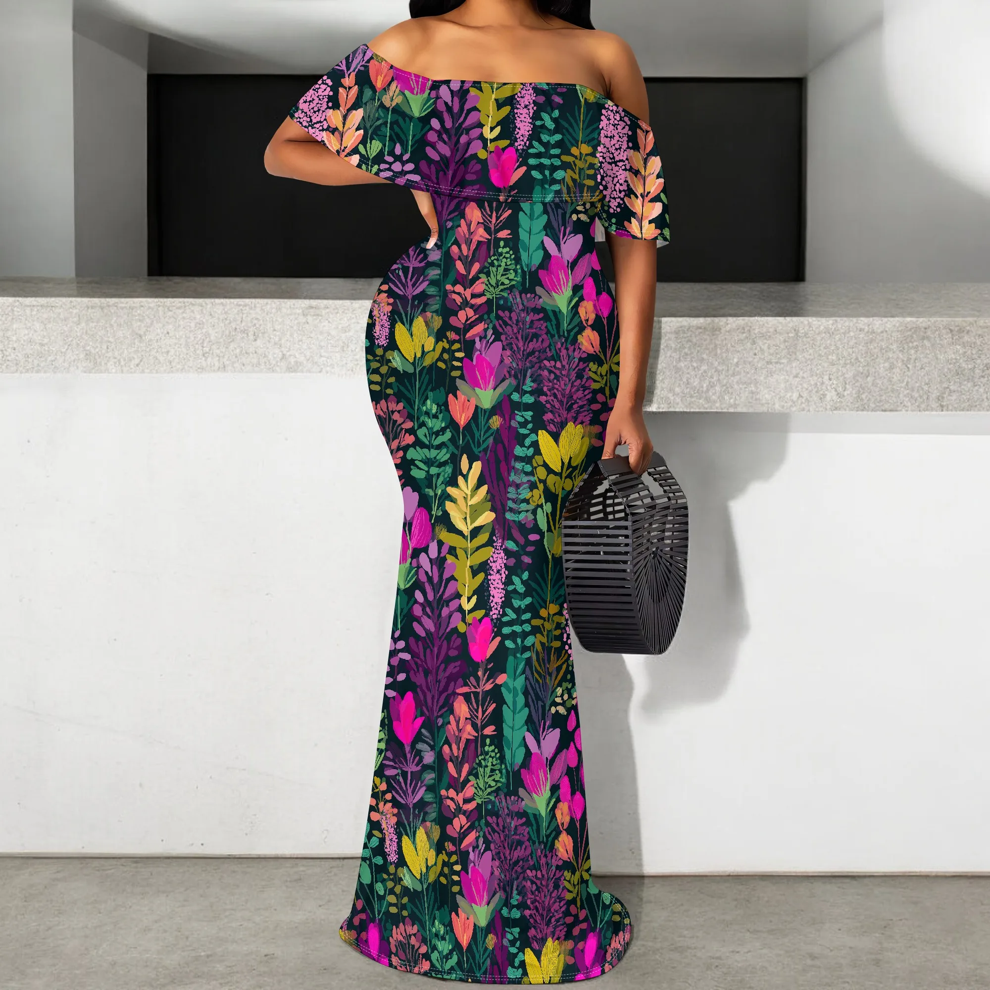 Tropical Floral Print Off Shoulder Maxi Dress Bold Color Slim Fit Gown for Black Women
Tropical Floral Print Off Shoulder Maxi Dress Bold Color Slim Fit Gown for Black Women