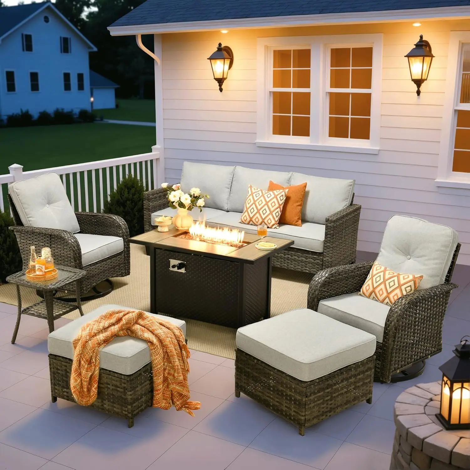 Комплект садовой мебели из 7 предметов: уличный диван из ротанга с креслами-качалками, стол для костра, современные глубокие сиденья, индивидуальный дизайн
Комплект садовой мебели из 7 предметов: уличный диван из ротанга с креслами-качалками, стол для костра, современные глубокие сиденья, индивидуальный дизайн