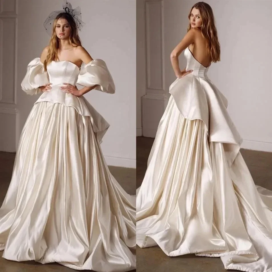 Elegant Satin Puffy Sleeve Peplum Ball Gown Wedding Dress with Train Bridal Prom Gown for Women's Vestidos De Novia Customized
Elegant Satin Puffy Sleeve Peplum Ball Gown Wedding Dress with Train Bridal Prom Gown for Women's Vestidos De Novia Customized
