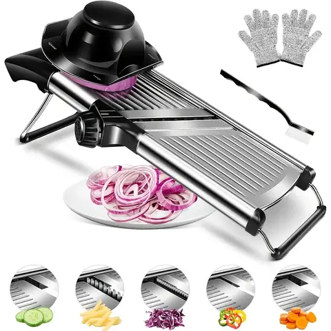 Stainless Steel Mandoline Slicer with 5 Interchangeable Blades and Safety Holder,Adjustable Vegetable & Fruit Cutter for Kitchen