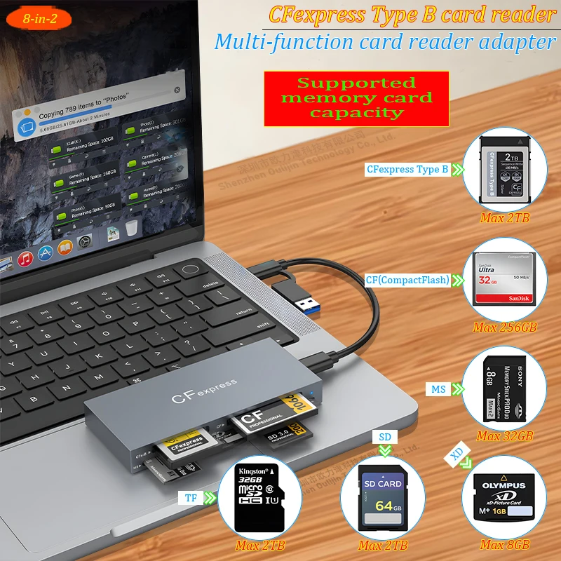Адаптер концентратора для карт CFexpress 8-в-1, 10 Гбит/с USB-C и USB-A 3.2 Gen2, поддержка нескольких карт SD, TF, CF, MS, XD
Адаптер концентратора для карт CFexpress 8-в-1, 10 Гбит/с USB-C и USB-A 3.2 Gen2, поддержка нескольких карт SD, TF, CF, MS, XD