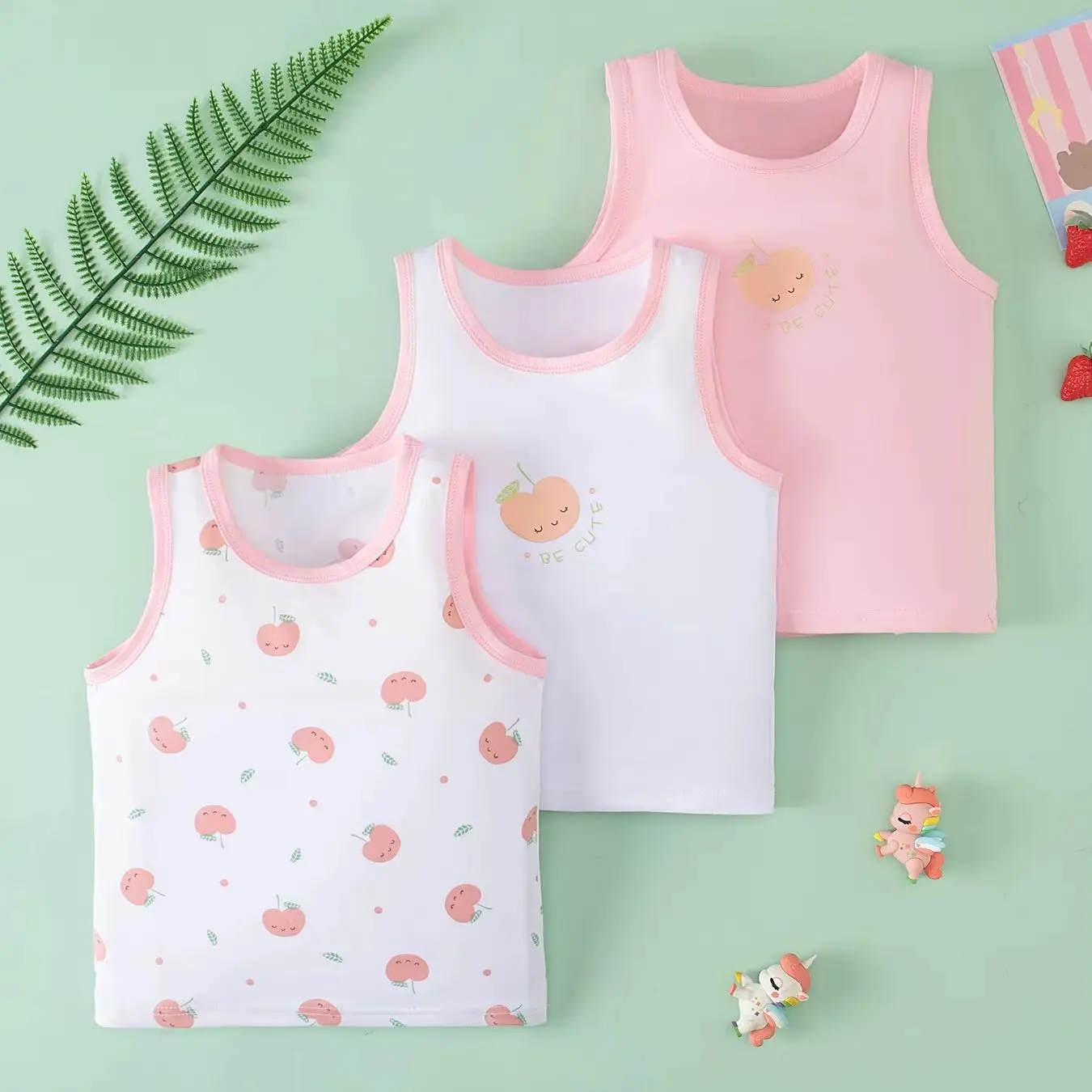 3-piece girls' seasonal sweet and cute multi-color combination vest, children's round neck casual top, versatile sleeveless T
3-piece girls' seasonal sweet and cute multi-color combination vest, children's round neck casual top, versatile sleeveless T