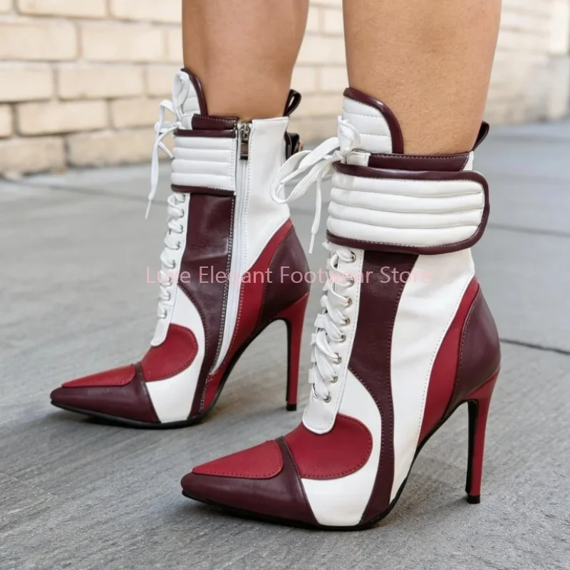 Red White Patchwork Lace Up Stiletto Ankle Boots Women Leather Cross Strap Pointed Toe Short Boots Sexy Trendy Sports Style Shoe
Red White Patchwork Lace Up Stiletto Ankle Boots Women Leather Cross Strap Pointed Toe Short Boots Sexy Trendy Sports Style Shoe