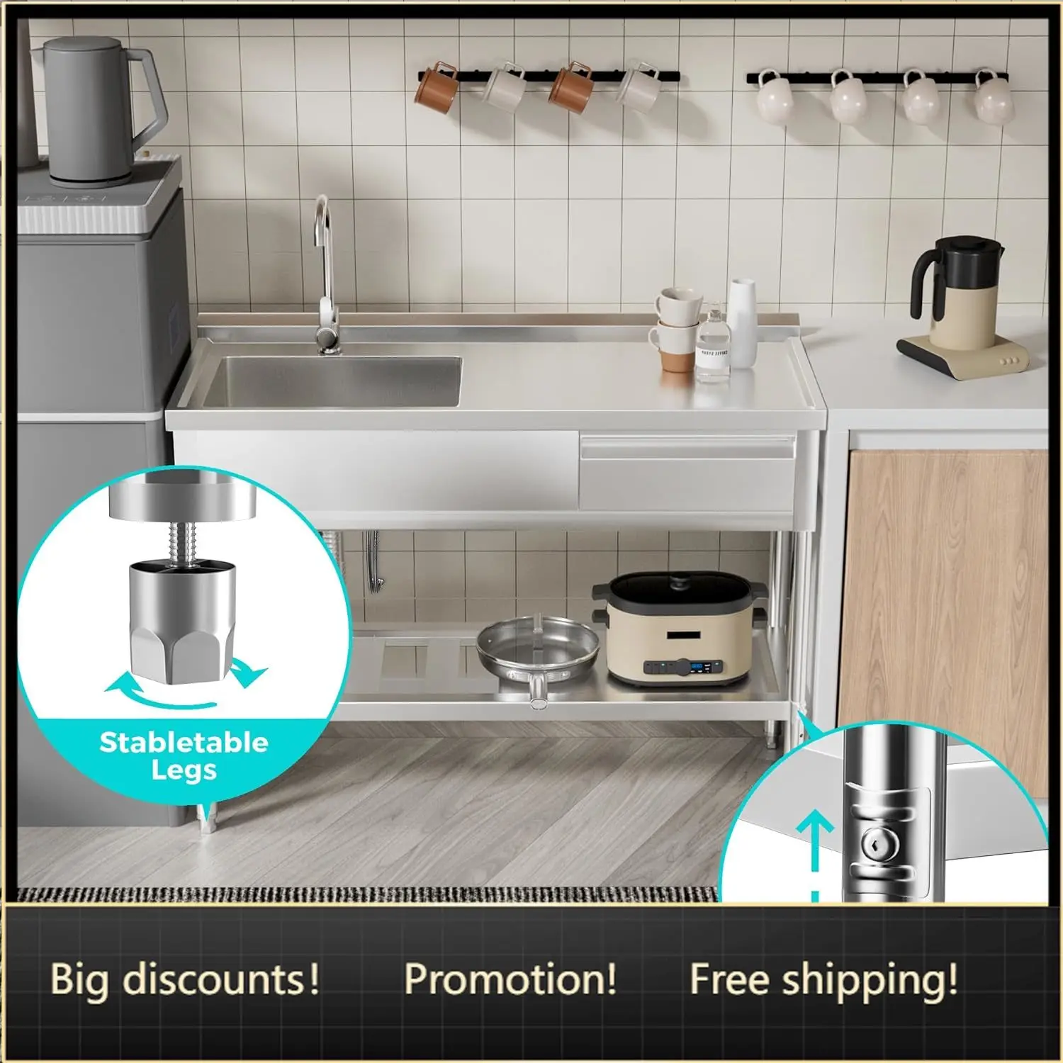 47" 304 Stainless Steel Sink, Free-Standing Commercial Sink with Workbench, Drawer Storage & Hot/Cold Water Pipes for Laundry, F
47" 304 Stainless Steel Sink, Free-Standing Commercial Sink with Workbench, Drawer Storage & Hot/Cold Water Pipes for Laundry, F
