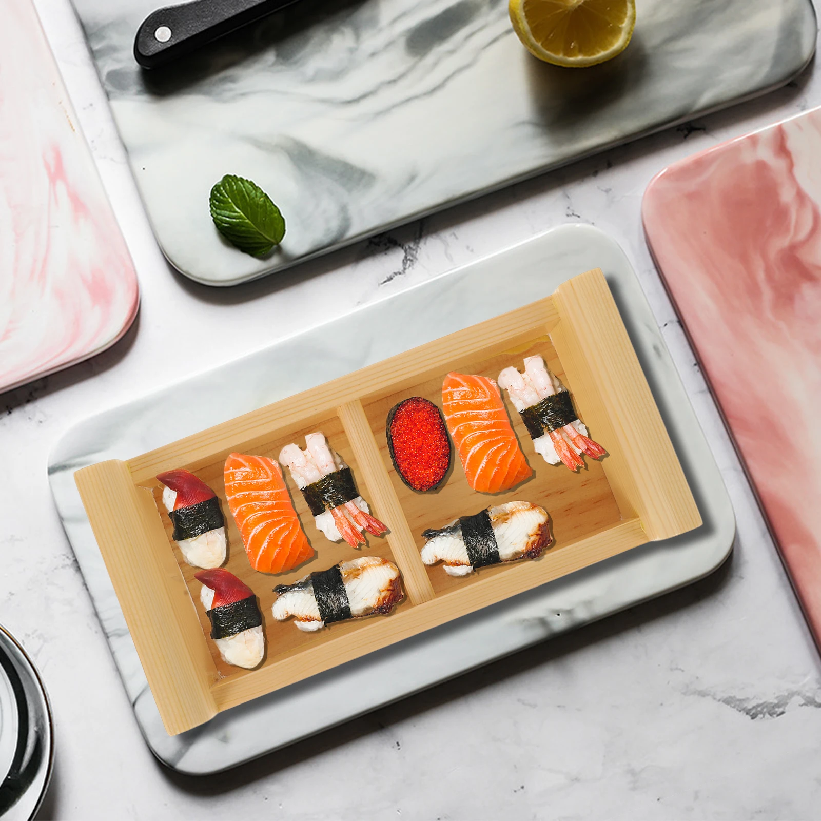 1Pcs Wooden Sushi Divider Plate Practical Japanese Style Sashimi Tray Food Storage Serving Dish for Home Restaurant 
1Pcs Wooden Sushi Divider Plate Practical Japanese Style Sashimi Tray Food Storage Serving Dish for Home Restaurant