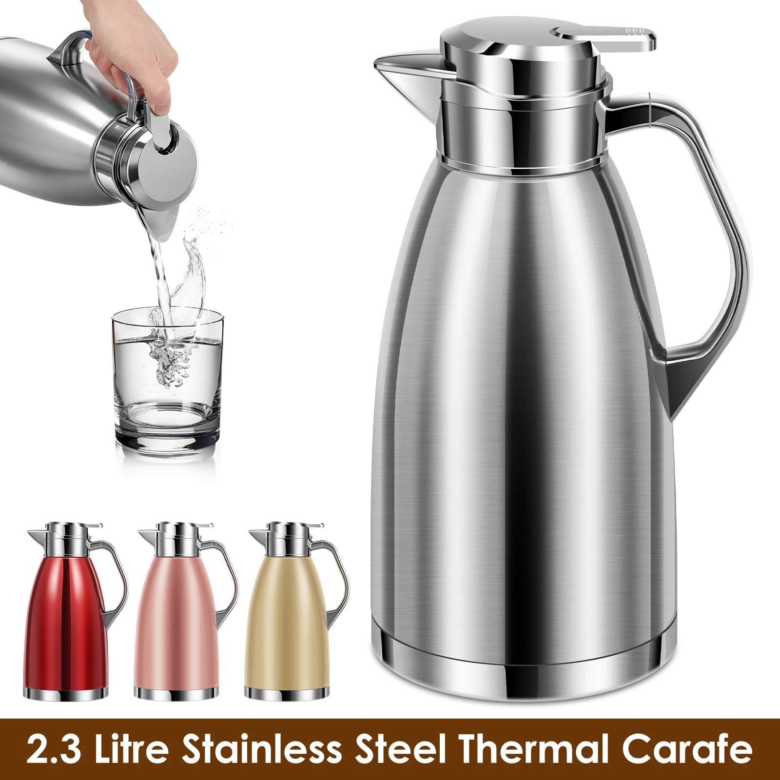 Термос-кофейник 2,3 л из нержавеющей стали, герметичный, с вакуумной изоляцией, для кофе, чая и горячих или холодных напитков
Термос-кофейник 2,3 л из нержавеющей стали, герметичный, с вакуумной изоляцией, для кофе, чая и горячих или холодных напитков