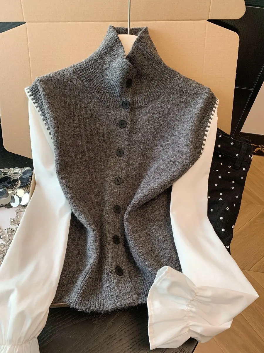 Deep Grey High Collar Knitted Vest Women's Autumn Winter Layering Sweater Vest Shirt Top Set Soft Polyester Long Sleeve
Deep Grey High Collar Knitted Vest Women's Autumn Winter Layering Sweater Vest Shirt Top Set Soft Polyester Long Sleeve