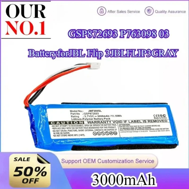 Rechargeable Battery for JBL Flip 3 JBLFLIP3GRAY 3000mAh /11.10Wh Wireless Bluetooth Speaker Batteries GSP872693 P763098 03
Rechargeable Battery for JBL Flip 3 JBLFLIP3GRAY 3000mAh /11.10Wh Wireless Bluetooth Speaker Batteries GSP872693 P763098 03
