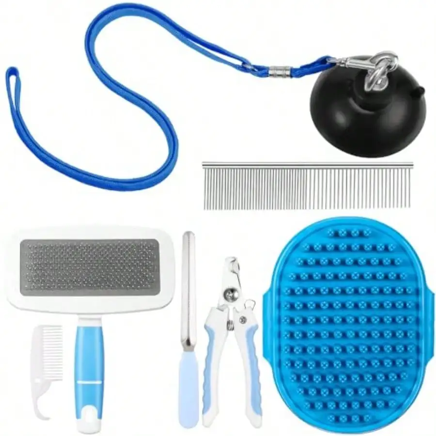 6 Pcs Dog Grooming Set With Dog Bathing Leash With Suction Cup, Pin Comb, Straight Comb, Nail Clippers Set, And Bath Brush For Pet Bathing Shower Grooming
6 Pcs Dog Grooming Set With Dog Bathing Leash With Suction Cup, Pin Comb, Straight Comb, Nail Clippers Set, And Bath Brush For Pet Bathing Shower Grooming